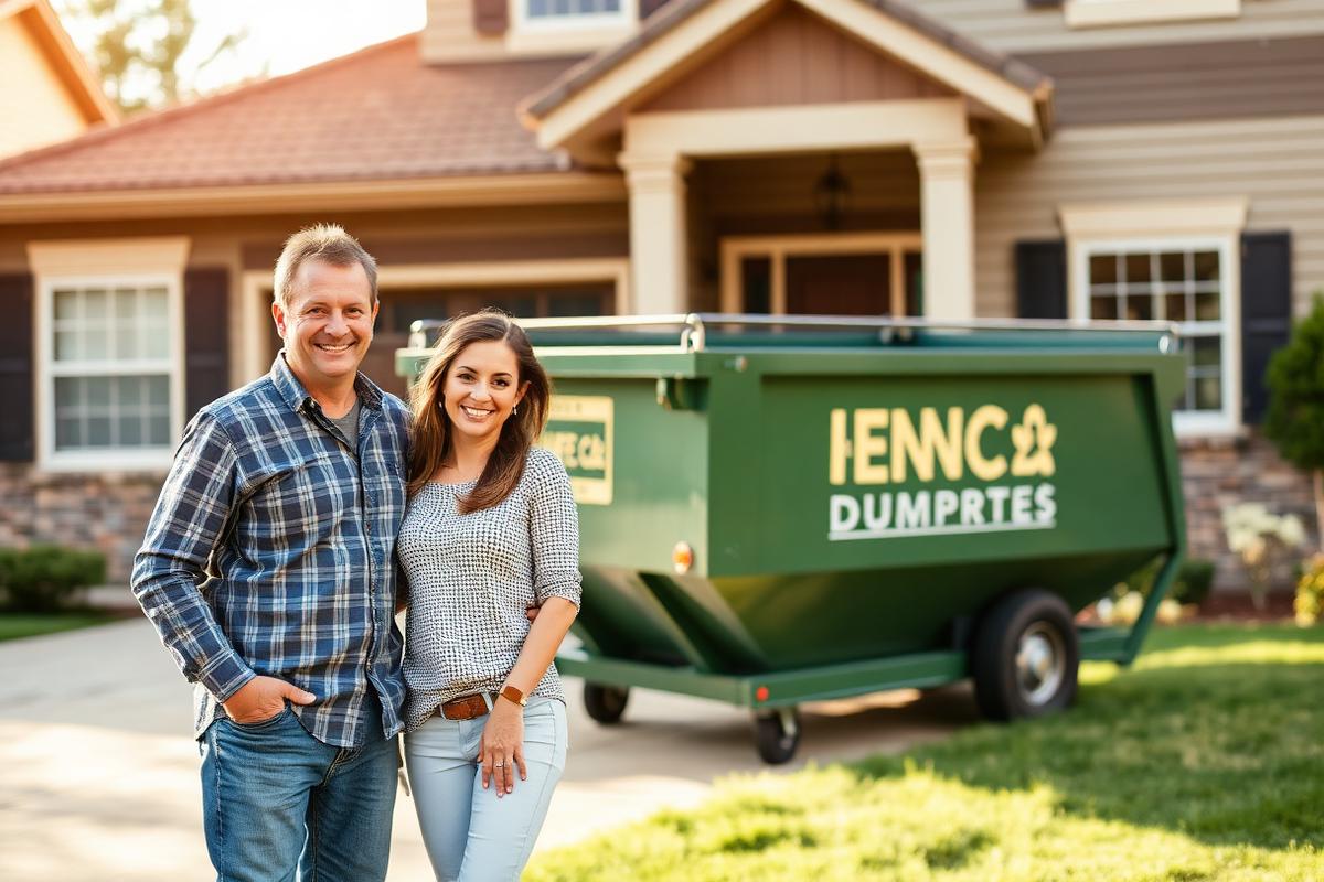 Happy Wylie TX homeowners beside their rented roll-off dumpster